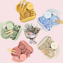 Kit 8pçs Talheres de Silicone p/ Bebê c/ Ventosa, Colher, Garfo, Canudo e Babador Infantil
